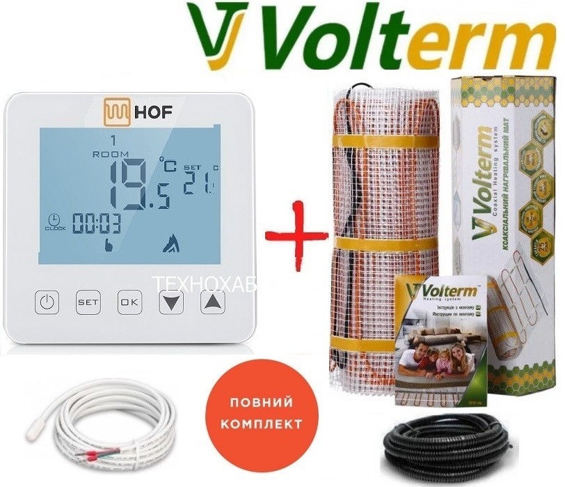 

Теплый пол Volterm Hot Mat 7,9м²/1350Вт/ 180Вт/м² электрический греющий мат под плитку с сенсорным программируемым терморегулятором HOF sen