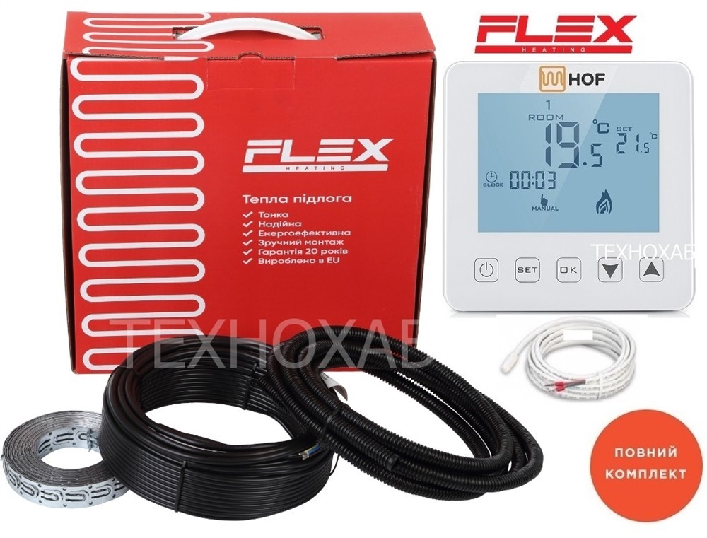 

Теплый пол Flex 3,5м²-4,2м²/612,5Вт (35м) двухжильный нагревательный кабель под плитку EHC-17,5Вт/м с сенсорным программируемым терморегулятором HOF sen
