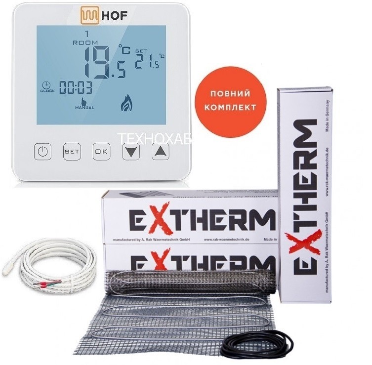 

Теплый пол EXTHERM ЕТ ЕСО 8,0м²/1440Ват/ 180Вт/м² электрический греющий мат под плитку с сенсорным программируемым терморегулятором HOF sen