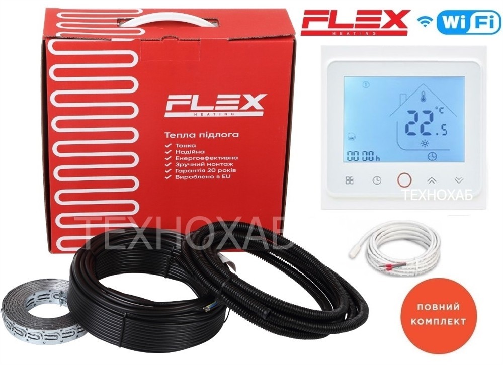 

Теплый пол Flex 1,0м²-1,2м²/175Вт (10м) тонкий кабель двужильный нагревательный под плитку EHC-17,5Вт/м с сенсорным программируемым терморегулятором TWE02 Wi-Fi