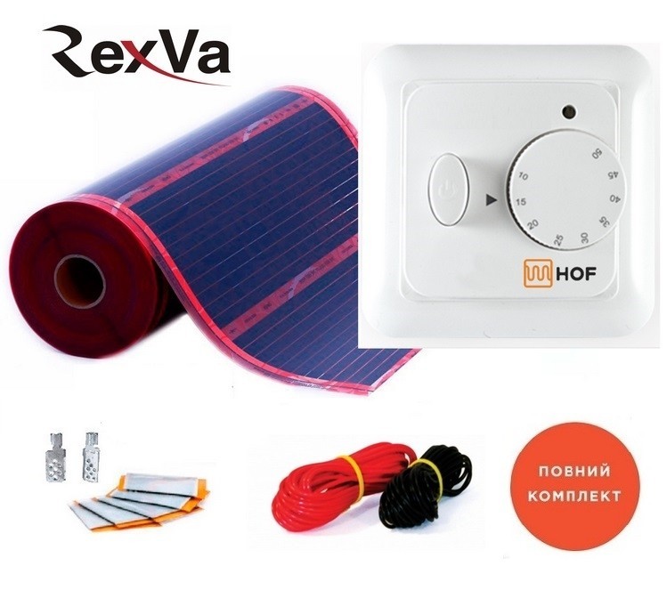 

Пленочный теплый пол RexVa PTC 220Вт/м² 10,0м² (0.5м х 20м) /2200Вт под ламинат с механическим терморегулятором HOF 320