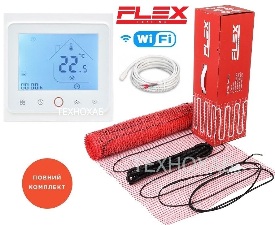 

Теплый пол Flex EHM 0,5м²/87,5Вт/ 175Вт/м² тонкий греющий кабельный мат под плитку с сенсорным программируемым терморегулятором TWE02 Wi-Fi