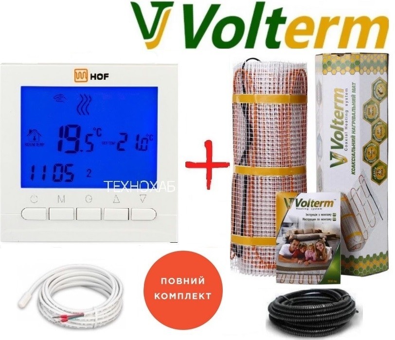 

Теплый пол Volterm Hot Mat 6,3м²/1050Вт/ 180Вт/м² электрический тонкий нагревательный мат под плитку с программируемым терморегулятором HOF pro