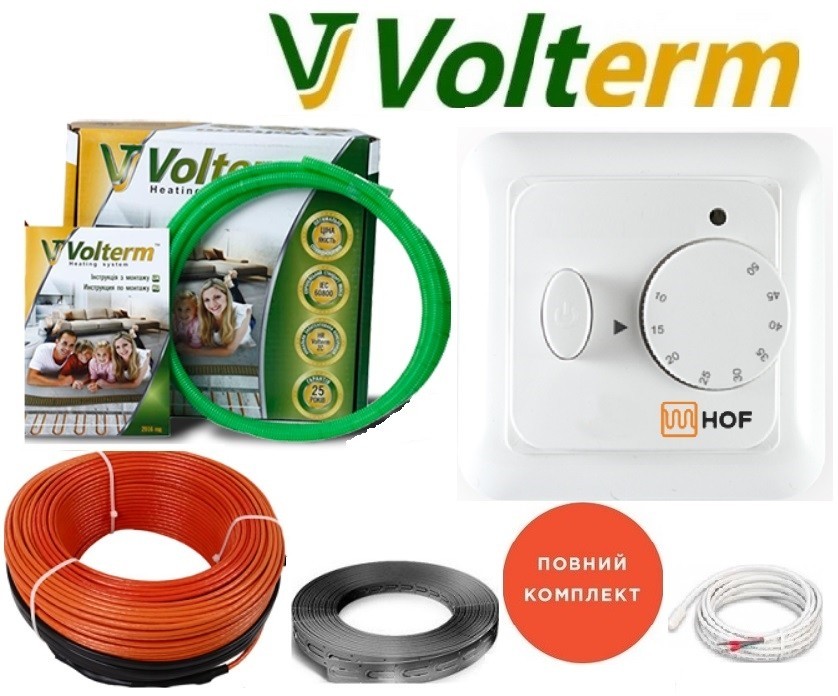 

Кабельный теплый пол Volterm 4,5м²-5,6м²/820Вт (45м) электрический тонкий нагревательный кабель под плитку HR 18Вт/м с механическим терморегулятором HOF 320