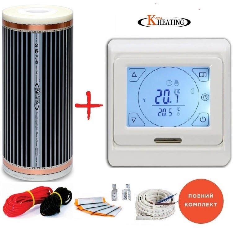 

Пленочный теплый пол Korea Heating-220Вт/м² 1,5м² (0.5м х 3м) /330Вт под ламинат с сенсорным программируемым терморегулятором E 91