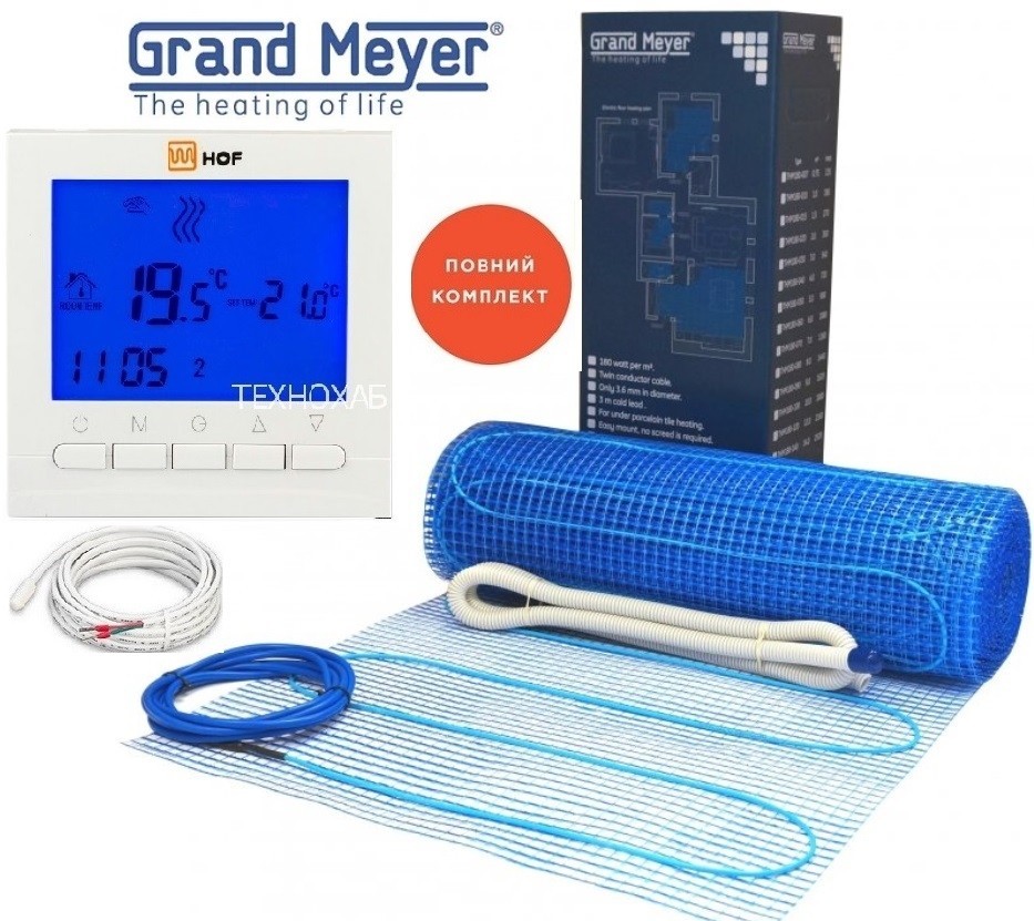 

Теплый пол Grand Meyer THM180- 7,0м²/1260Вт 180Вт/м² двухжильный кабельный мат под плитку с программируемым терморегулятором HOF pro