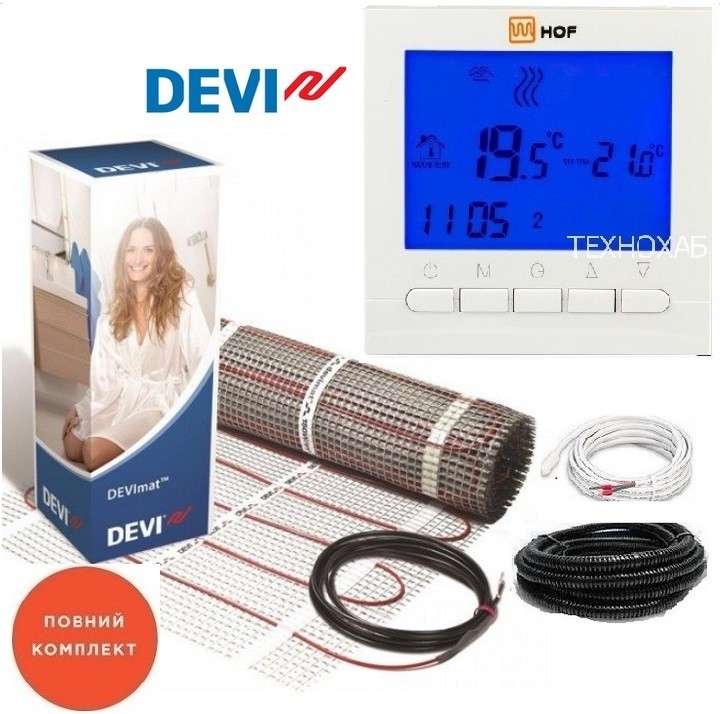 

Теплый пол DEVI 1,5 м²/ 225Ват/ DTIR-150Вт/м² двухжильный нагревательный мат под плитку с программируемым терморегулятором HOF pro