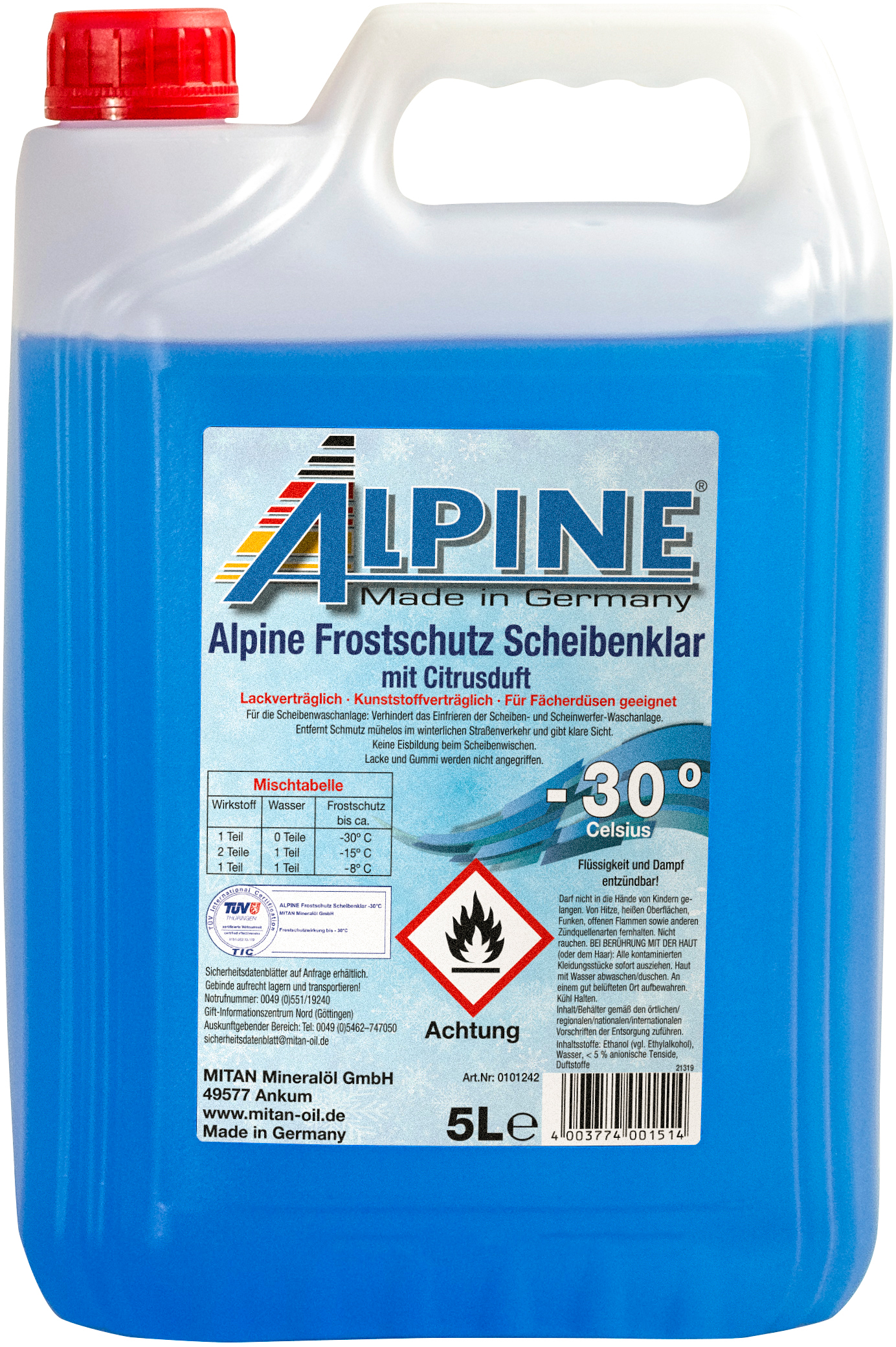 Зимний стеклоомыватель Alpine Frostschutz Scheibenklar -30°C 5 л  (4003774001514) – фото, отзывы, характеристики в интернет-магазине ROZETKA