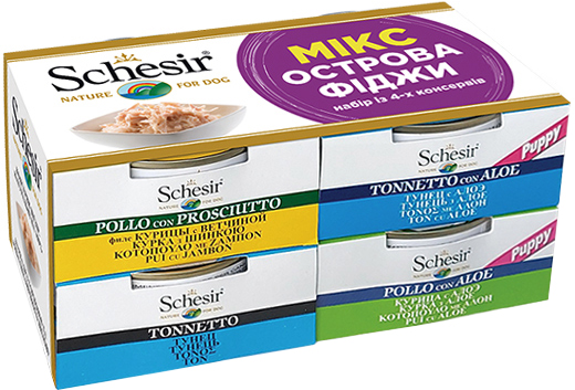

Набор натуральных консерв для собак Schesir Микс Острова Фиджи с курицей и тунцом 600 г