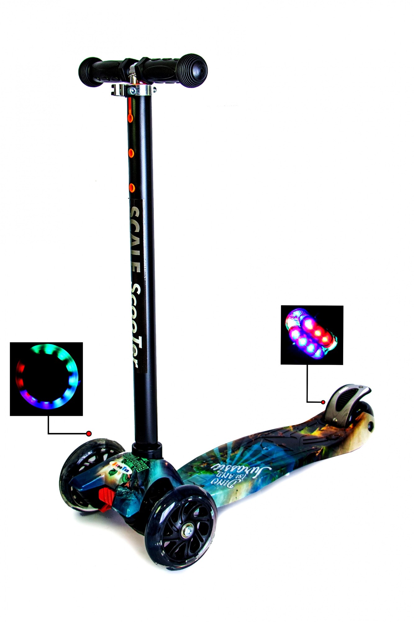 

Самокат Scale Sport Maxi Jurassic park чёрный цвет светящиеся колеса