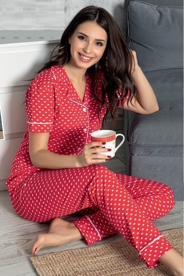 

Женская пижама (рубашка с коротким рукавом + брюки) в ткани хлопок трикотаж Red Love  Красная, Женская пижама (рубашка с коротким рукавом + брюки) в ткани хлопок трикотаж Red Love M Красная