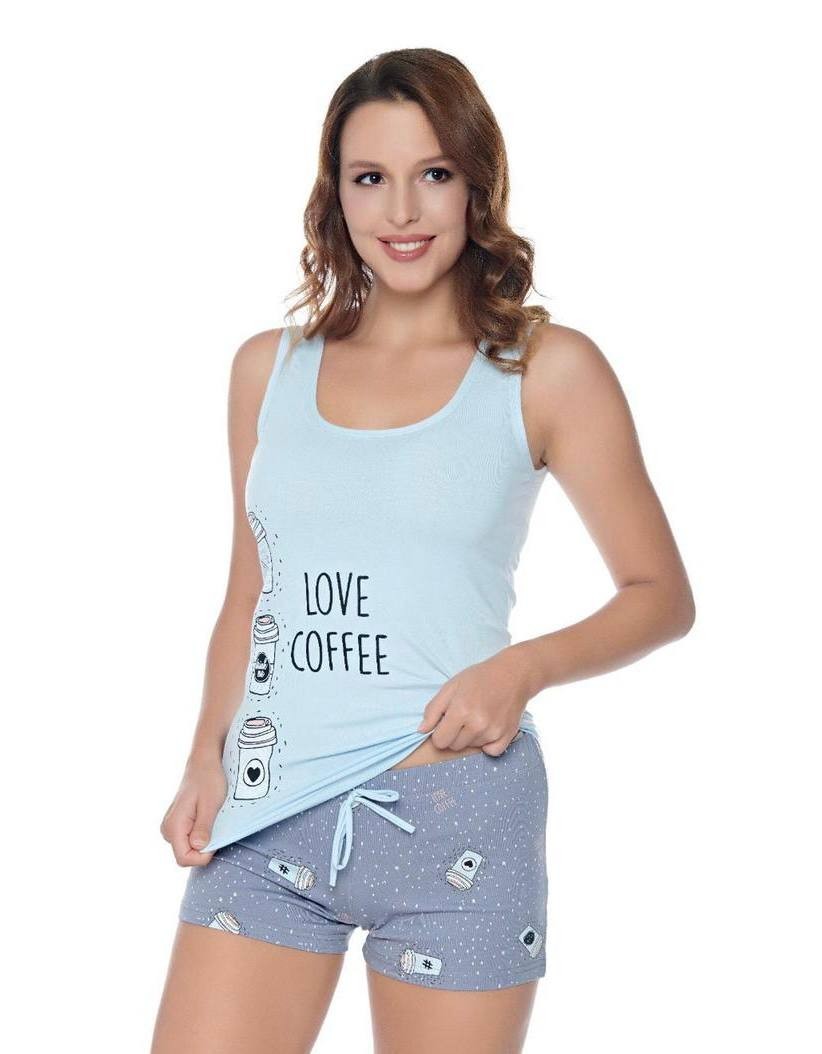 

Женская пижама в ткани хлопок (майка + шорты) Love coffee L Голубая
