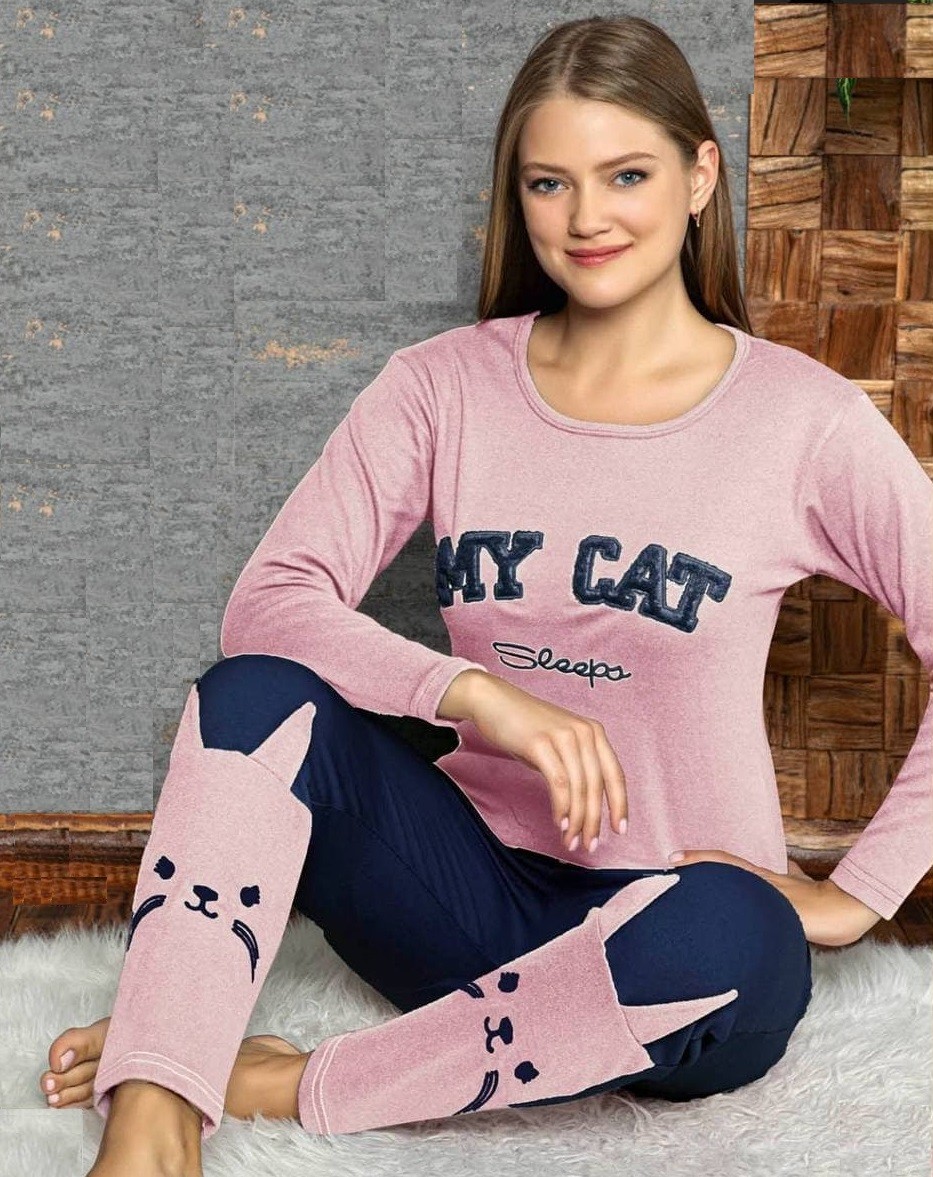 

Женская пижама (кофта+брюки) в ткани хлопок My Cat S Розово- синяя
