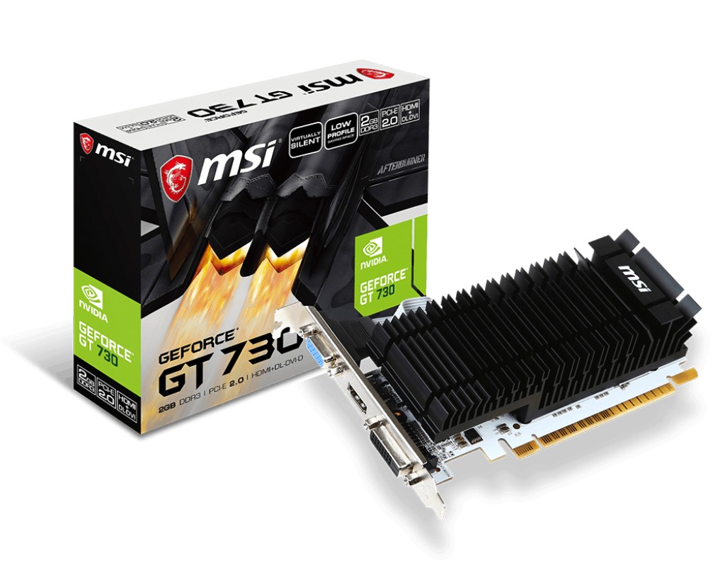 

Видеокарта MSI, GeForce GT730, 2Gb GDDR3, 64-bit, VGA/DVI/HDMI, 902/1600MHz, Silent (N730K-2GD3H/LP)