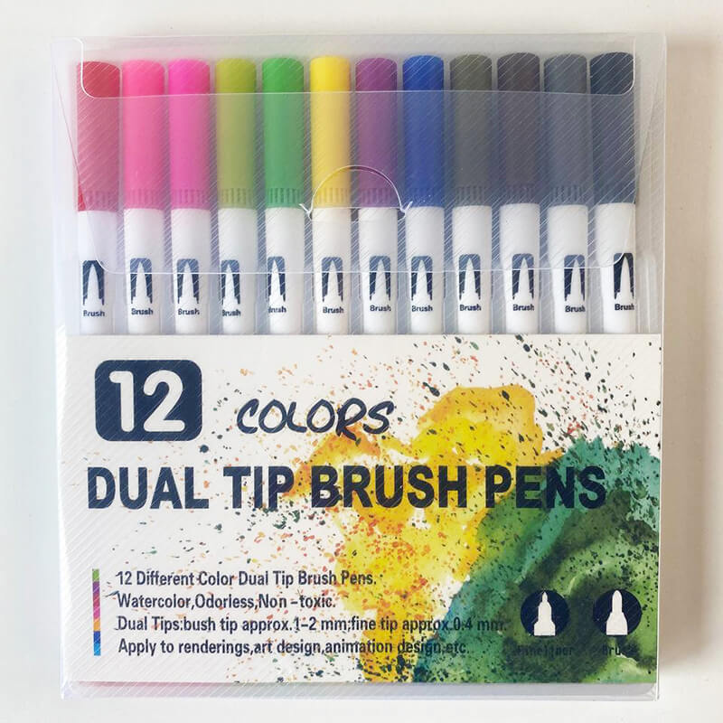 

Маркеры-линеры Dual Tip Brush Pens 12 шт. на водной основе двухсторонние (VF333008)