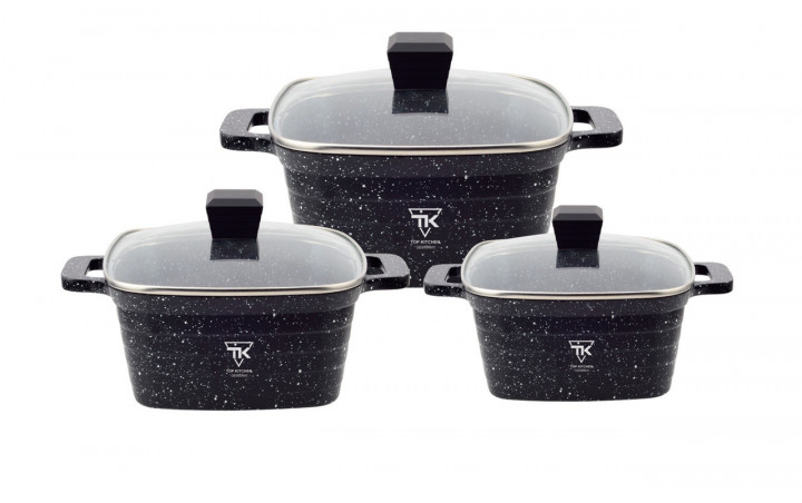 

Набор кастрюль Top Kitchen TK-00024 с мраморным покрытием утолщенным индукционным дном 6 предметов Black
