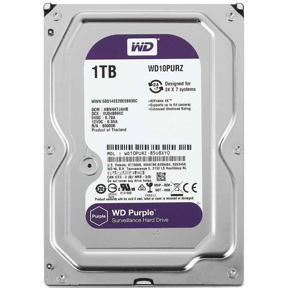 

Жесткий диск 3.5 Western Digital Purple 1TB 64MB 5400rpm SATA III (WD10PURZ)