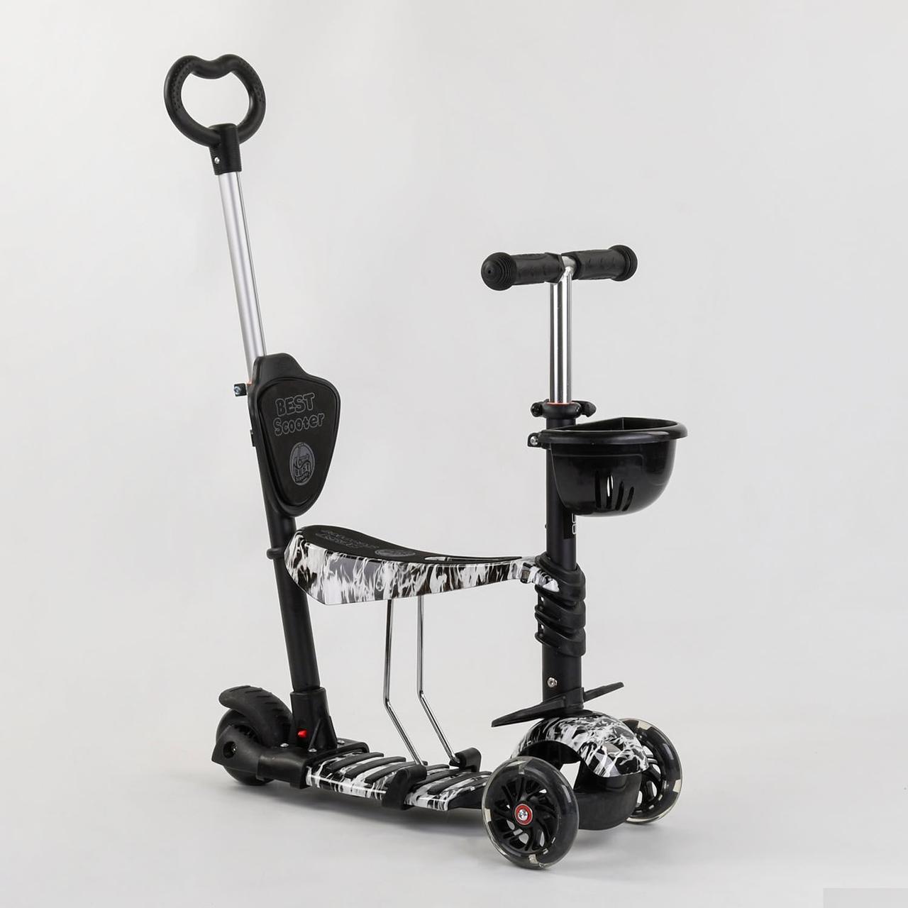 

Самокат Беговел с родительской ручкой Best Scooter 5в1, руль 63-72см, подножка, светящиеся колеса, черно-белый