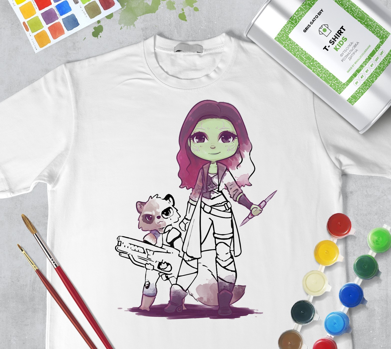 

Набор для рисования для девочек "Гамора и Реактивный енот" Gamora and Rocket Raccoon" Футболка-раскраска белая (+краски и 2 кисточки) WallZoo 104см 3-4 года
