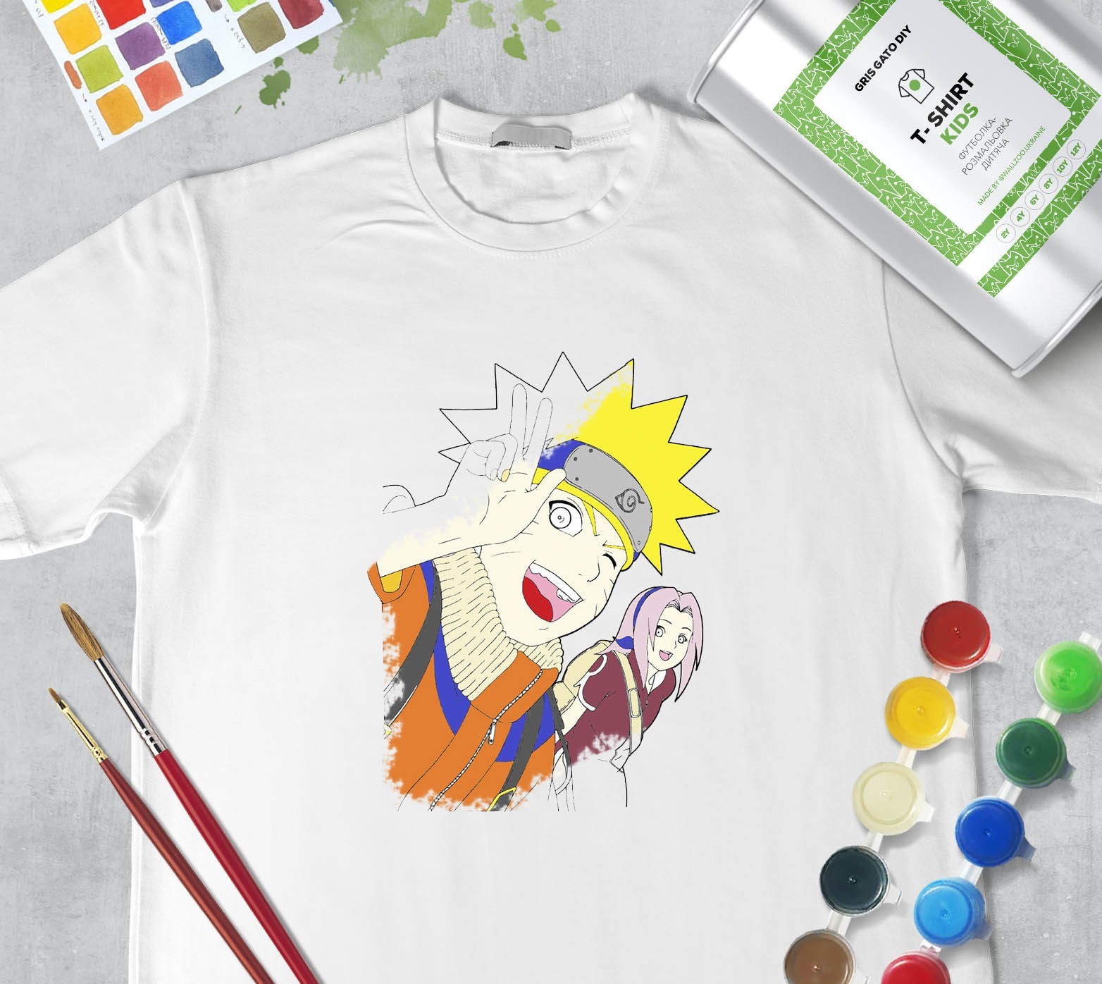 

Набор для рисования для мальчиков "Наруто" Футболка-раскраска белая (+краски и 2 кисточки) WallZoo 116 см 5-6 лет
