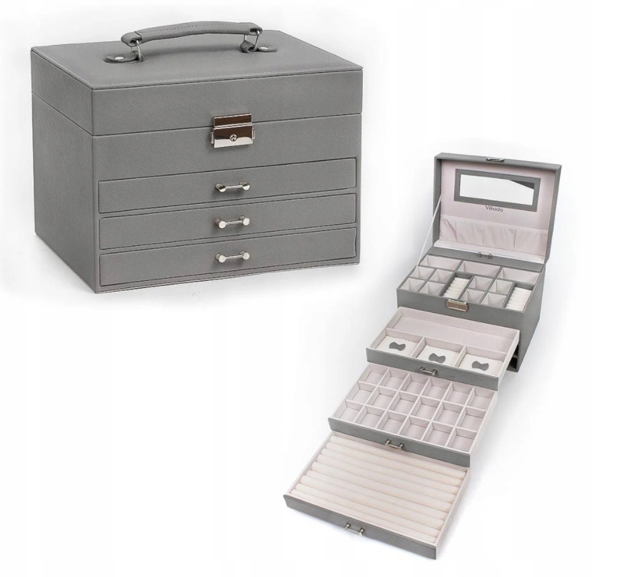 

Шкатулка для украшений, сундук для хранения ювелирных изделий, органайзер для бижутерии Villado 50-550L серая 20 х 26.5 х 20.5 см