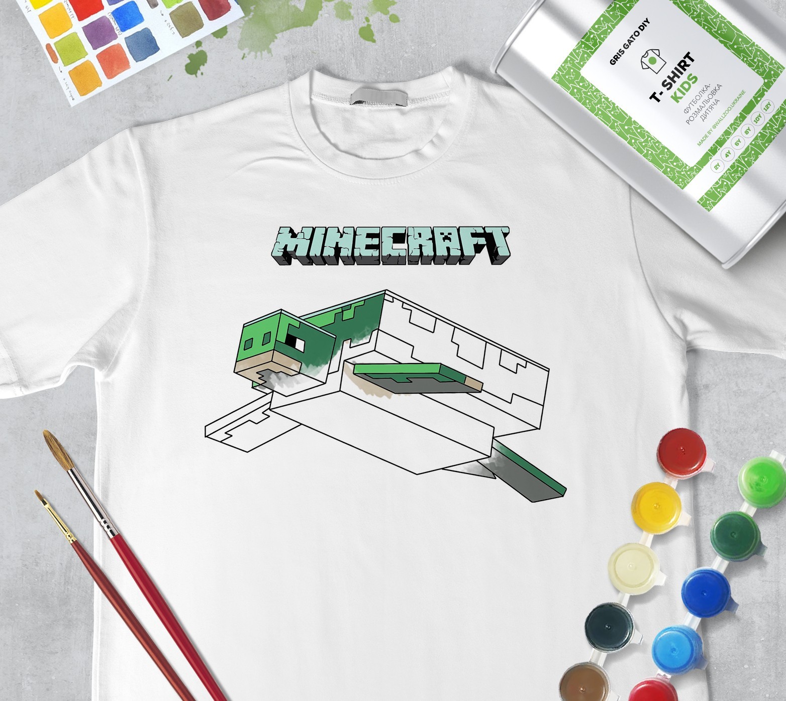 

Набор для рисования для мальчиков "Майнкрафт Черепаха" Minecraft Turtle" Футболка-раскраска белая (+краски и 2 кисточки) WallZoo 104см 3-4 года