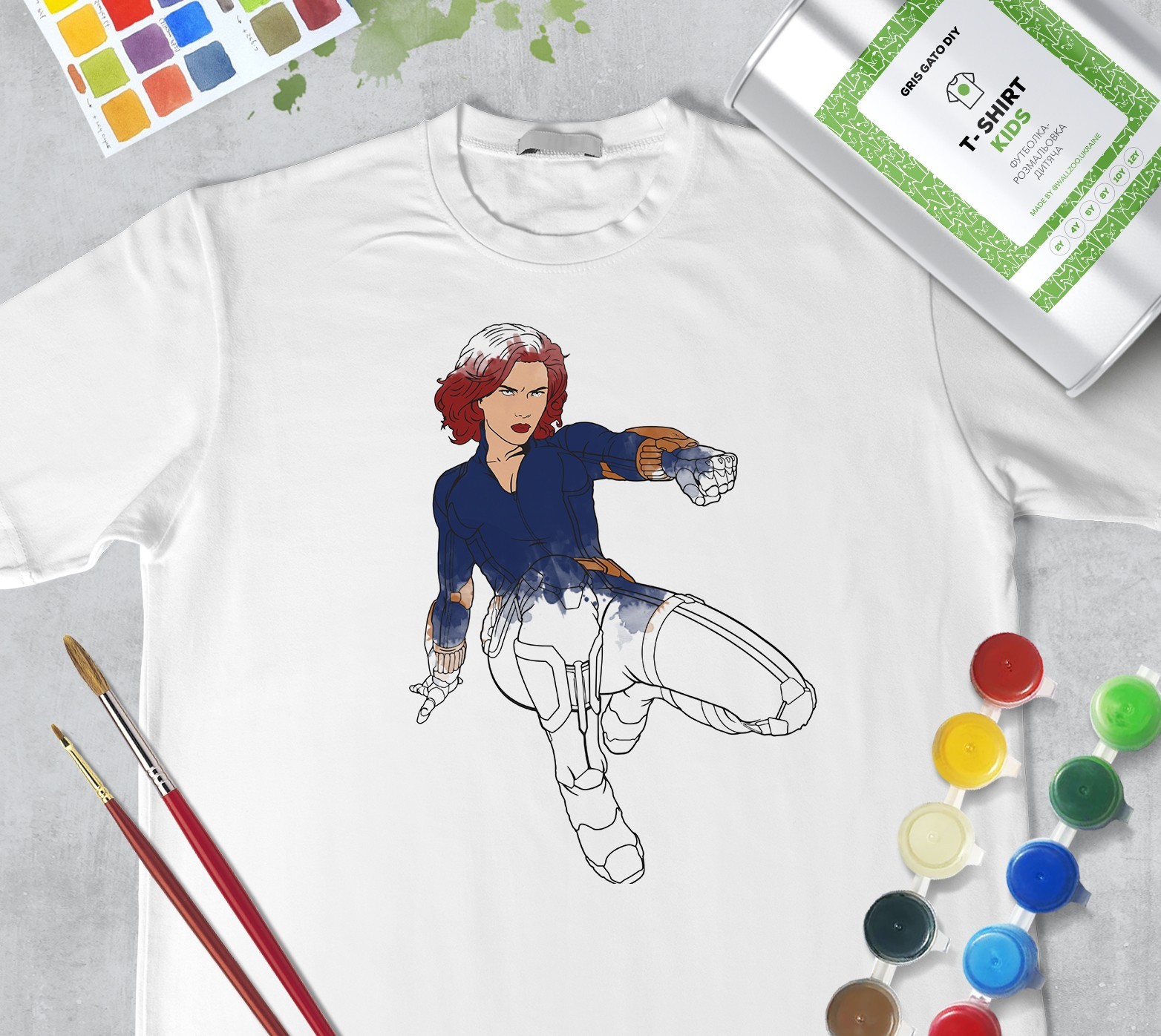 

Набор для рисования для девочек "Черная Вдова" Black Widow" Футболка-раскраска белая (+краски и 2 кисточки) WallZoo 104см 3-4 года