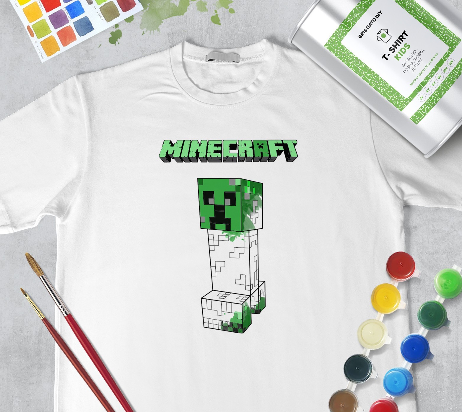 

Набор для рисования для мальчиков ""Майнкрафт Крипер" Minecraft Creeper"" (+ краски) Футболка раскраска Футболка раскраска WallZoo белая 116см 5-6 лет