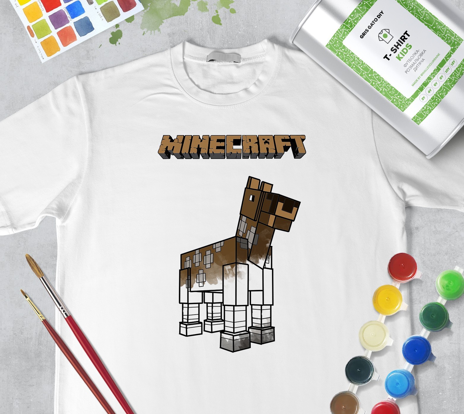 

Набор для рисования для девочек ""Майнкрафт Лошадь" Minecraft Horse"" (+ краски) Футболка раскраска Футболка раскраска WallZoo белая 94см 2 годика