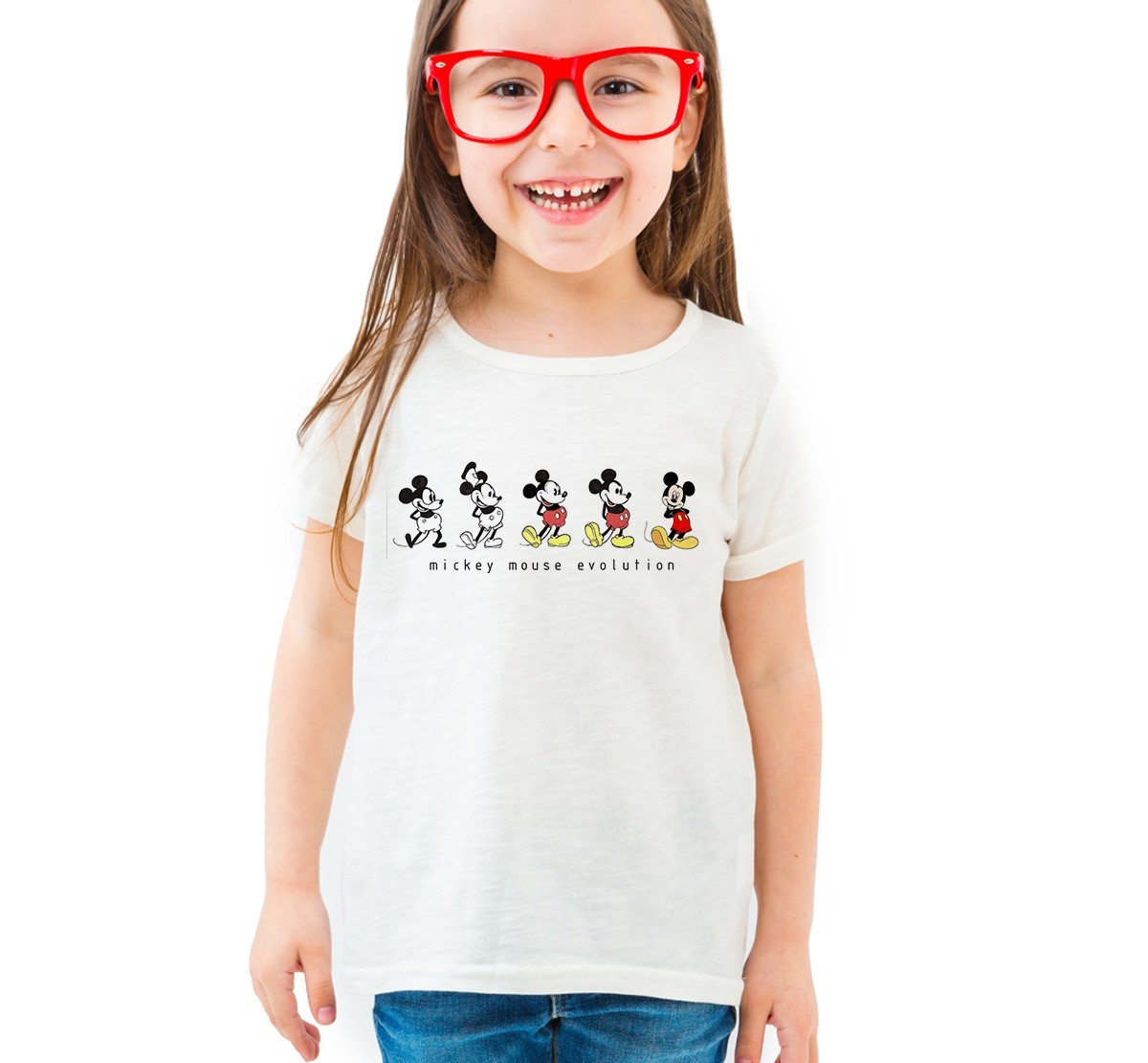 

Футболка для девочек, белая с принтом "Mickey Mouse - Evolution". Рост 128 см (7-8 лет) TM WallZoo. 100% хлопок.
