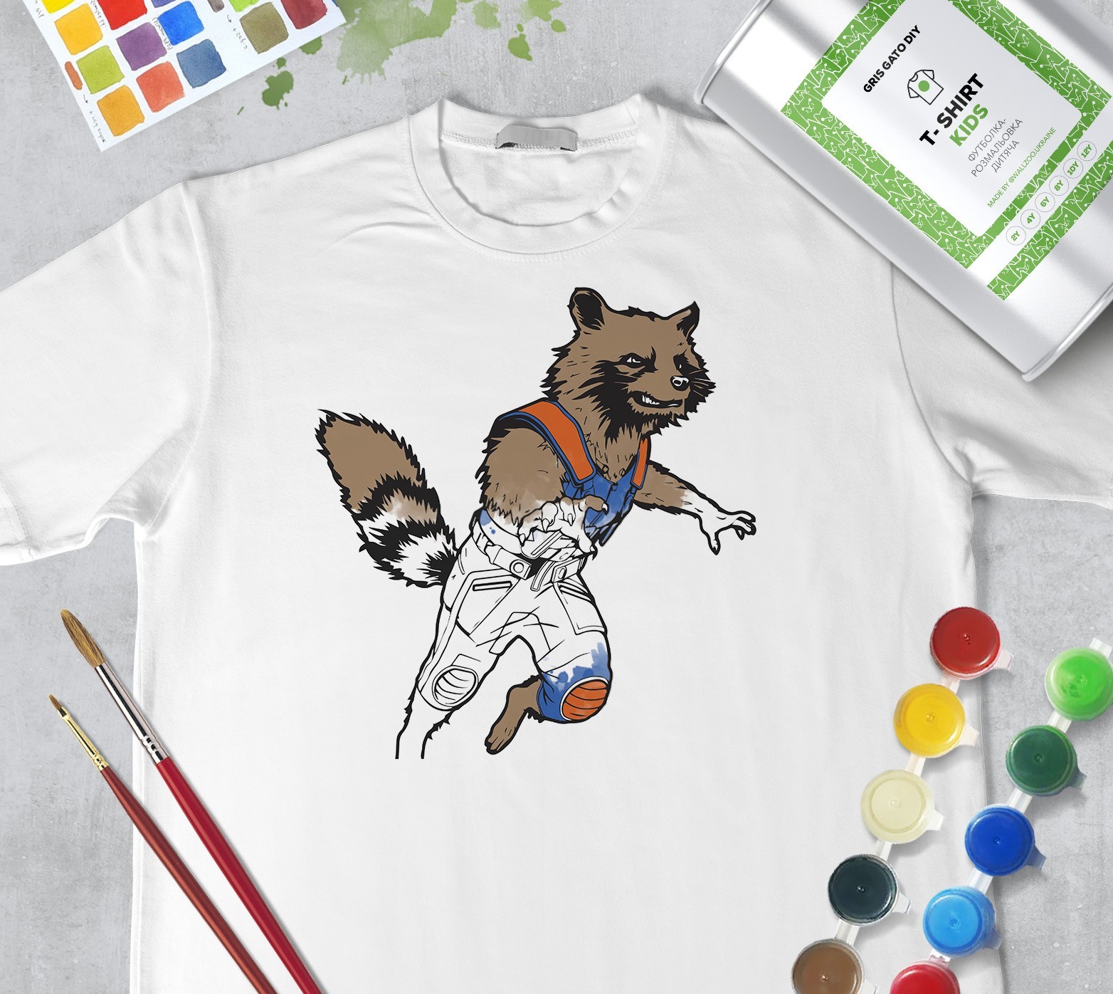 

Набор для рисования для мальчиков "Реактивный Енот" Rocket Raccoon" Футболка-раскраска белая (+краски и 2 кисточки) WallZoo 104см 3-4 года