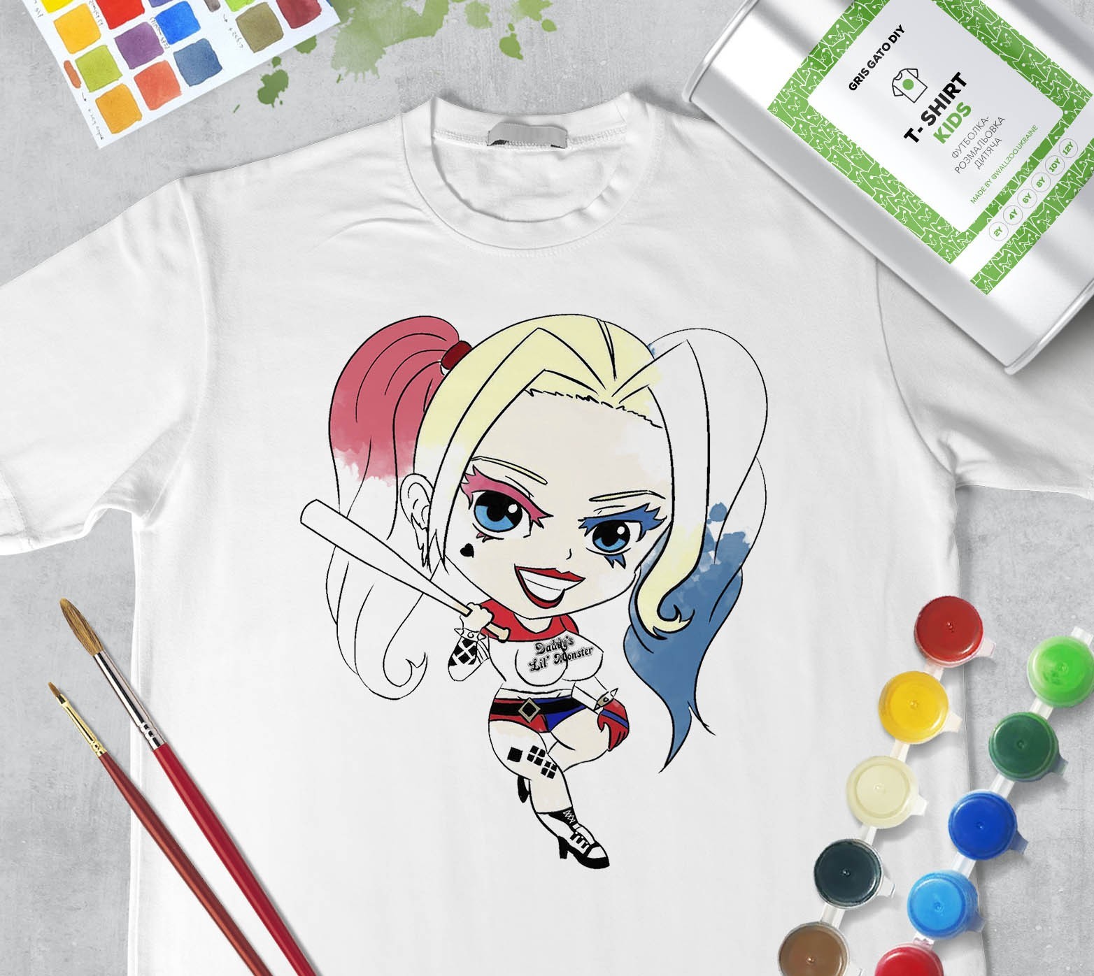 

Набор для рисования для мальчиков "Харли Квинн" Harley Quinn" Футболка-раскраска белая (+краски и 2 кисточки) WallZoo 104см 3-4 года