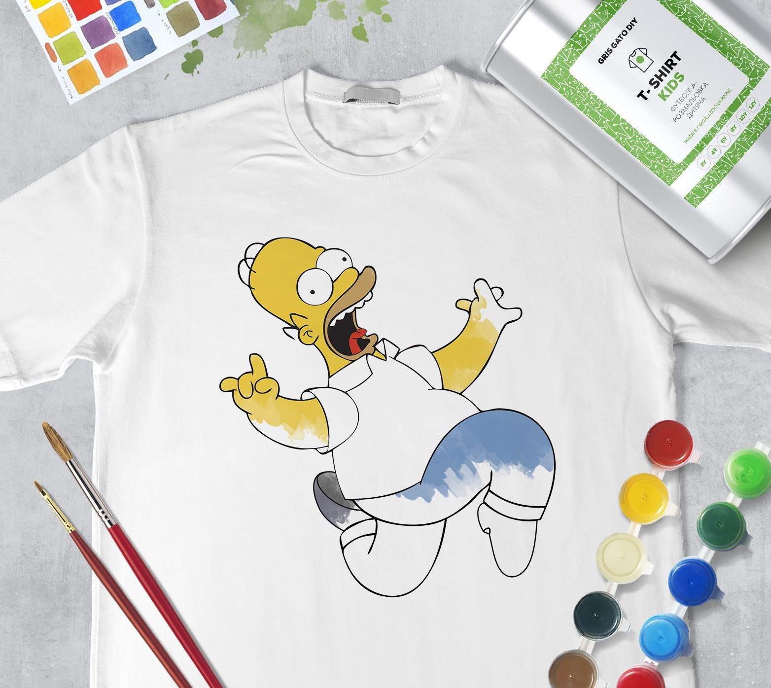 

Набор для рисования для мальчиков "Гомер Симпсон" Homer Simpson" Футболка-раскраска белая (+краски и 2 кисточки) WallZoo 104см 3-4 года