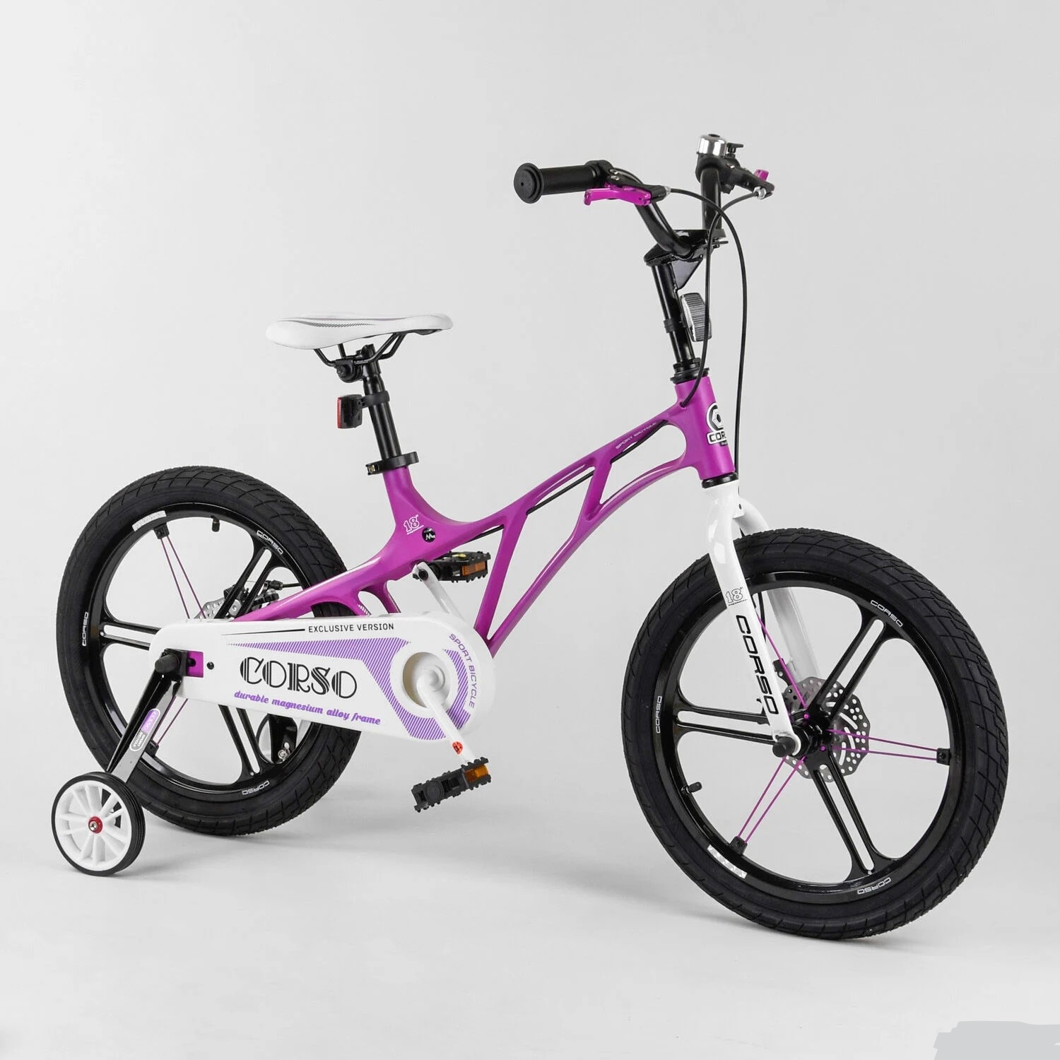 

Велосипед Магниевый 18" 2-х колёсный "CORSO" LT-10500(2) дисковый тормоз, доп. колеса, Фиолетовый от 6 до 9 лет
