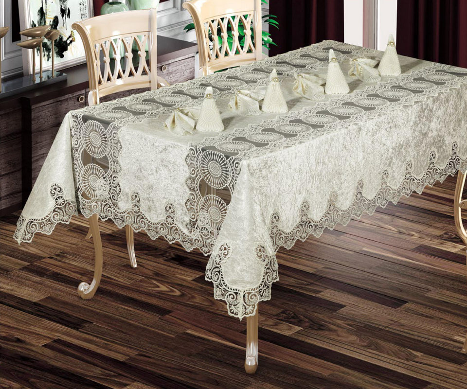 

Скатертина Ayova Azra Set 160×220 cм + 8 серветок, кремова Ayova k-33020.7