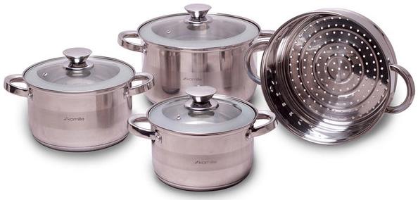 

Набор 3 кастрюли Kamille Springfield 2.9л, 3.9л, 6.5л с крышками + пароварка 24см Kamille KM-4502S