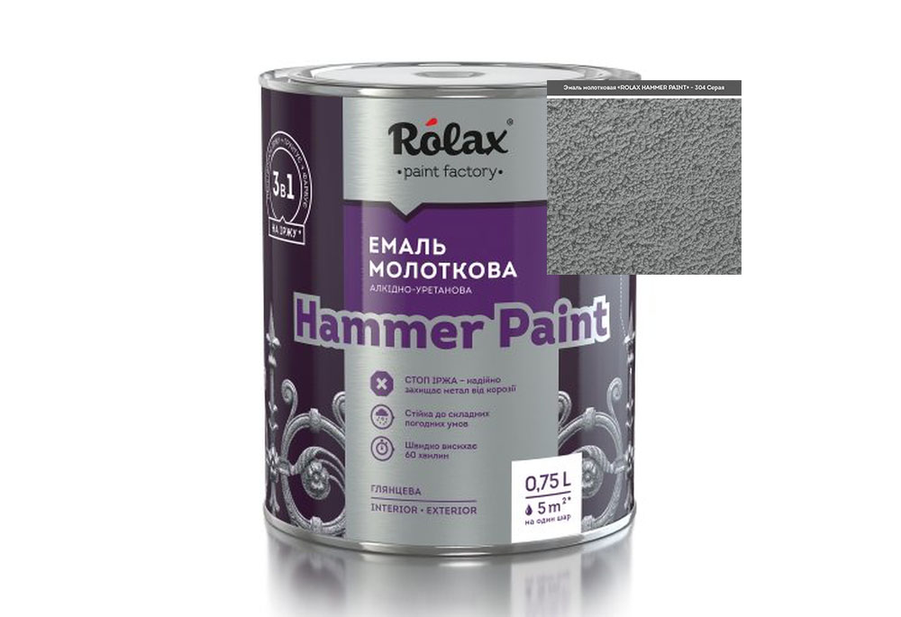 

Эмаль молотковая 3в1 алкидно-уретановая Ролакс HAMMER PAINT 304 Серая (2,0 л) Серый (670)