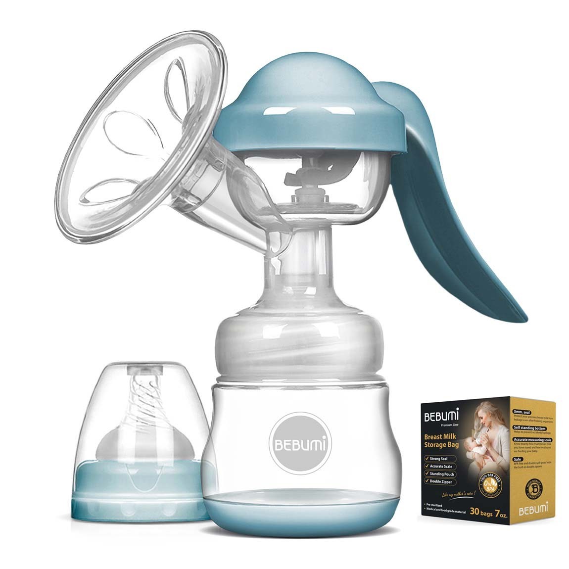 

Ручной молокоотсос Bebumi BM Pro (blue) + силиконовая массажная насадка + пакеты для хранения грудного молока Bebumi Pro 30 штук