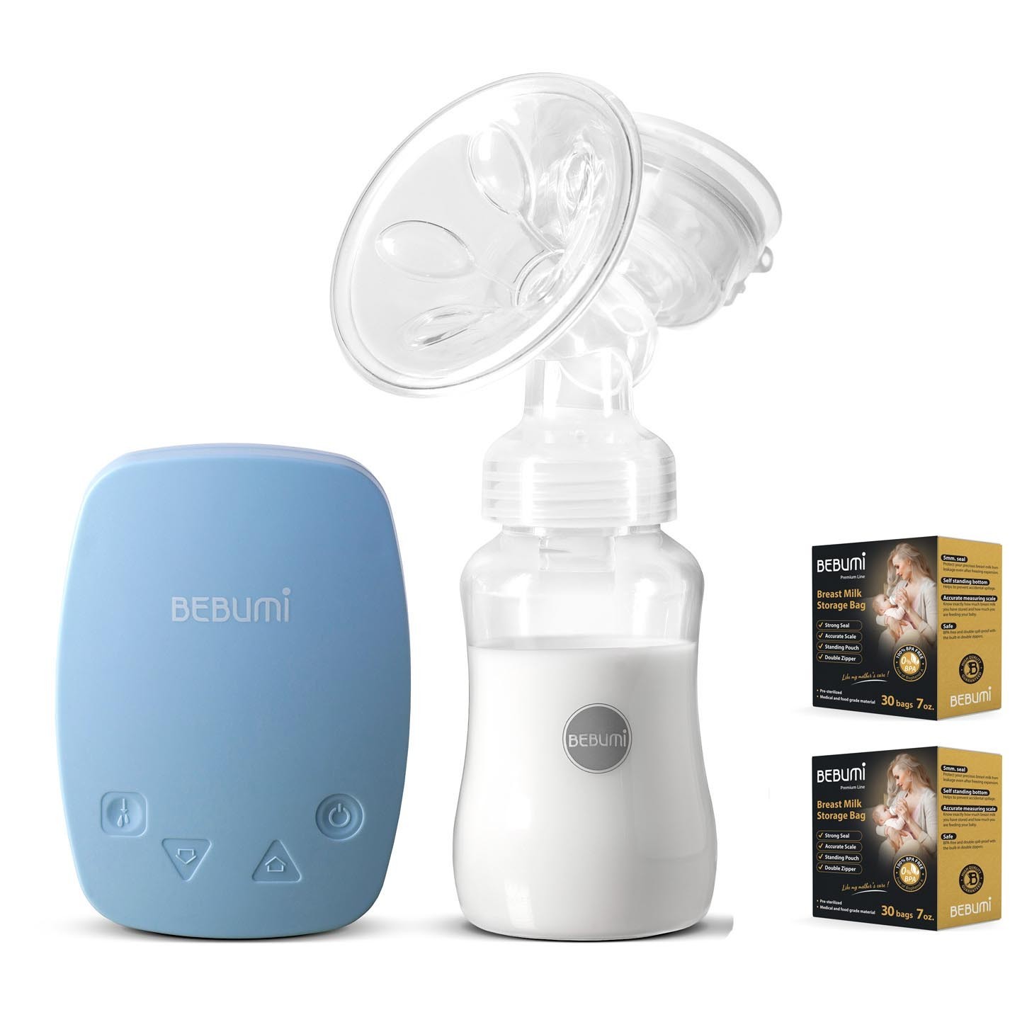 

Электрический молокоотсос Bebumi BS Eco (C blue) с силиконовой соской + пакеты для хранения грудного молока Bebumi Pro 60 штук