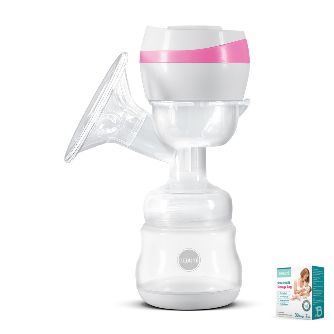 

Электрический двухфазный молокоотсос Bebumi BS1 (pink) с силиконовой соской + пакеты для хранения грудного молока Bebumi 30 штук