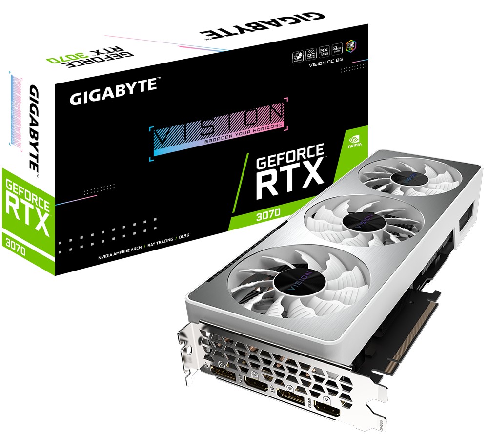 

Видеокарта Gigabyte, GeForce RTX 3070, VISION OC, 8Gb GDDR6, 256-bit, 2xHDMI/2xDP, 1815/14000 MHz, 8-pin + 6-pin (GV-N3070VISION OC-8GD)