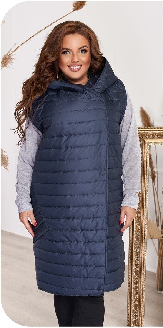 

Жилетка длинная с капюшоном стеганая в полоску с накладными карманами плащевка на сантепоне Miss Podium Синий 48