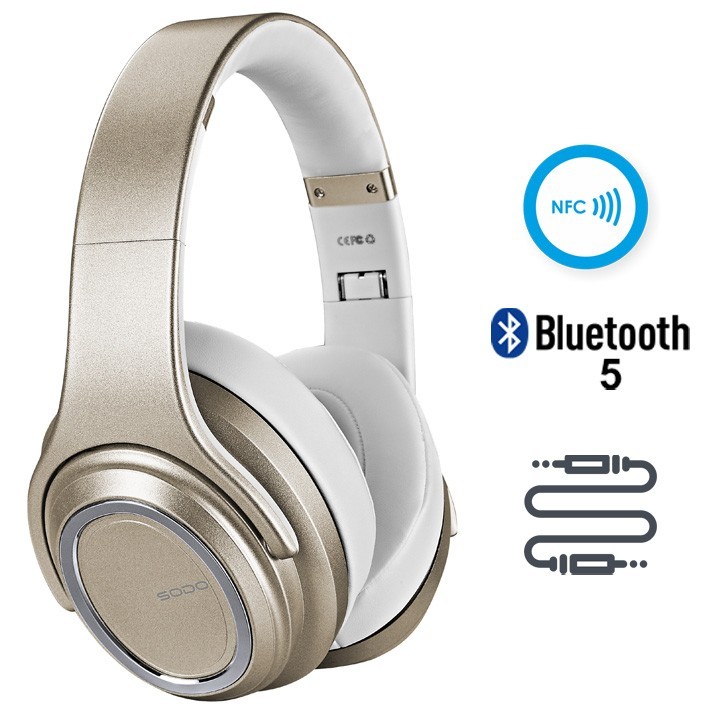 

Беспроводные наушники SODO MH11 2в1 Bluetooth 5.0/NFC/MicroSD/AUX Gold