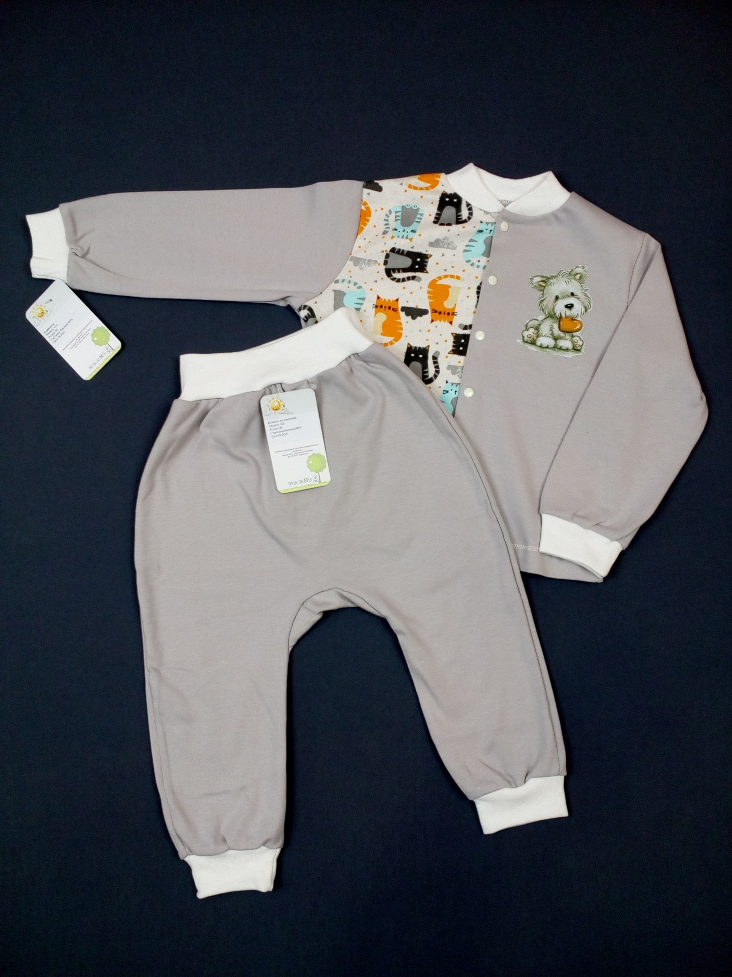 

Комплект для мальчика (кофточка + штанишки) HappyTot Собачка 86см серый 930н