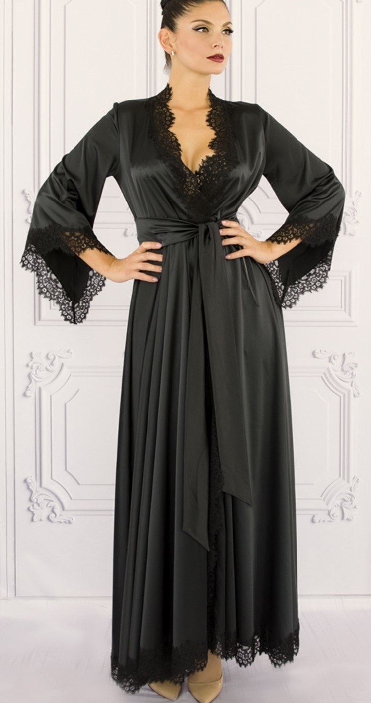 

Халат женский V.I.P.A длинный на запах с кружевом Chantemely L Черный MILADY 11077