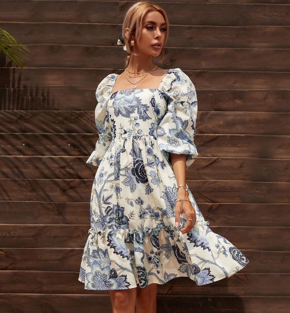 

Платье женское с объемными рукавами Blue flower Berni Fashion (M) Молочный