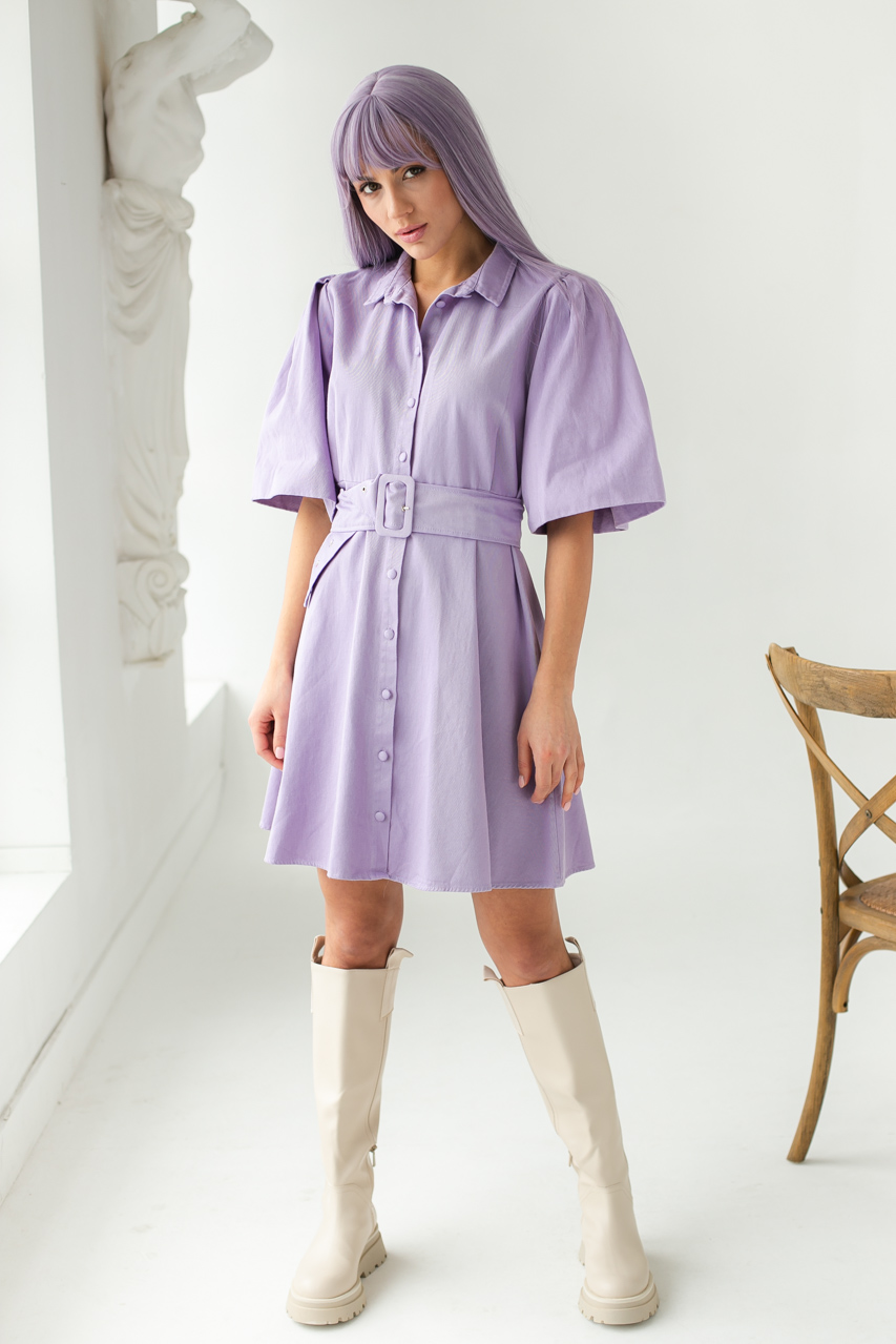 

Котоновое платье с рукавами-фонариками и поясом PERRY - лавандовый цвет, L (2725)