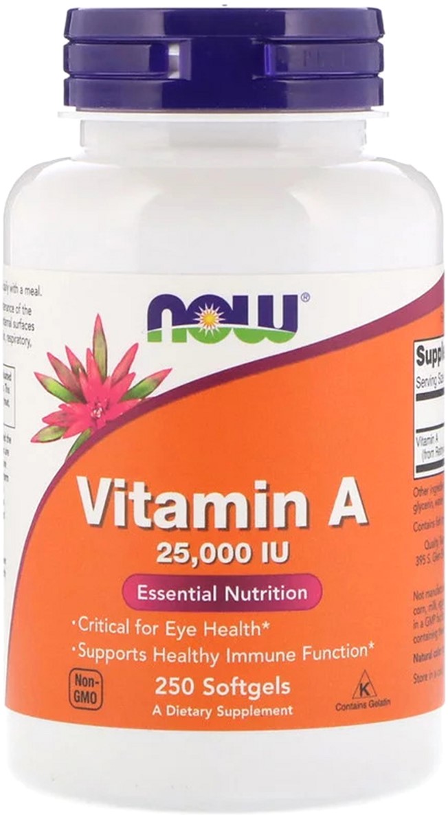 

Витамин А, Vitamin A, Now Foods 25,000 МЕ, 250 желатиновых капсул (733739003423)
