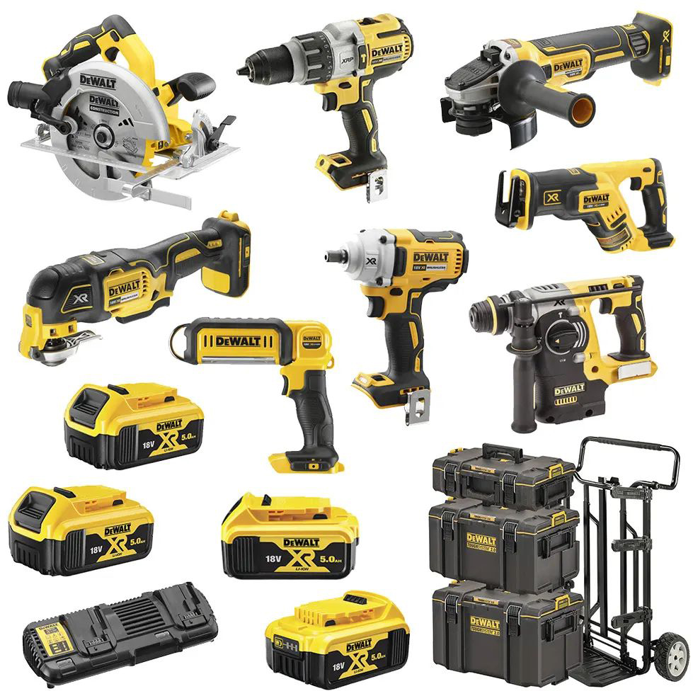  из восьми аккумуляторных бесщеточных инструментов DeWalt DCK856P4 .