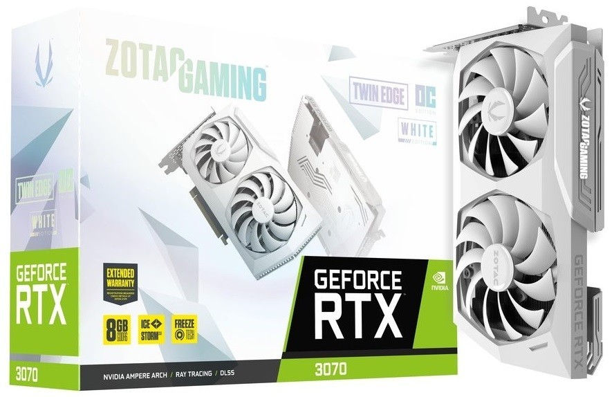 

Видеокарта Zotac, GeForce RTX 3070, Twin Edge OC (White Edition), 8Gb GDDR6, 256-bit, HDMI/3xDP, 1755/14000 MHz, 2x8-pin (ZT-A30700J-10P)